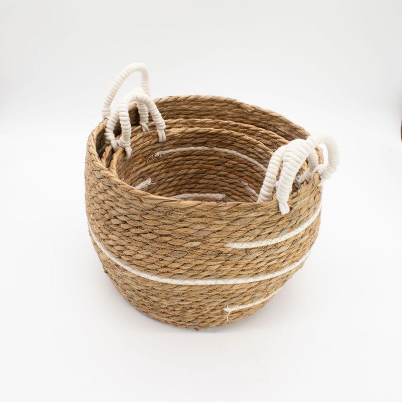 Velké košíky z bavlny a mořské trávy - Přírodní pruhy - sada 3 (32.5cm 29.5cm 24cm)
