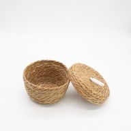 Kulaté košíky z mořské trávy a bavlny s víky - přírodní - sada 3 kusů