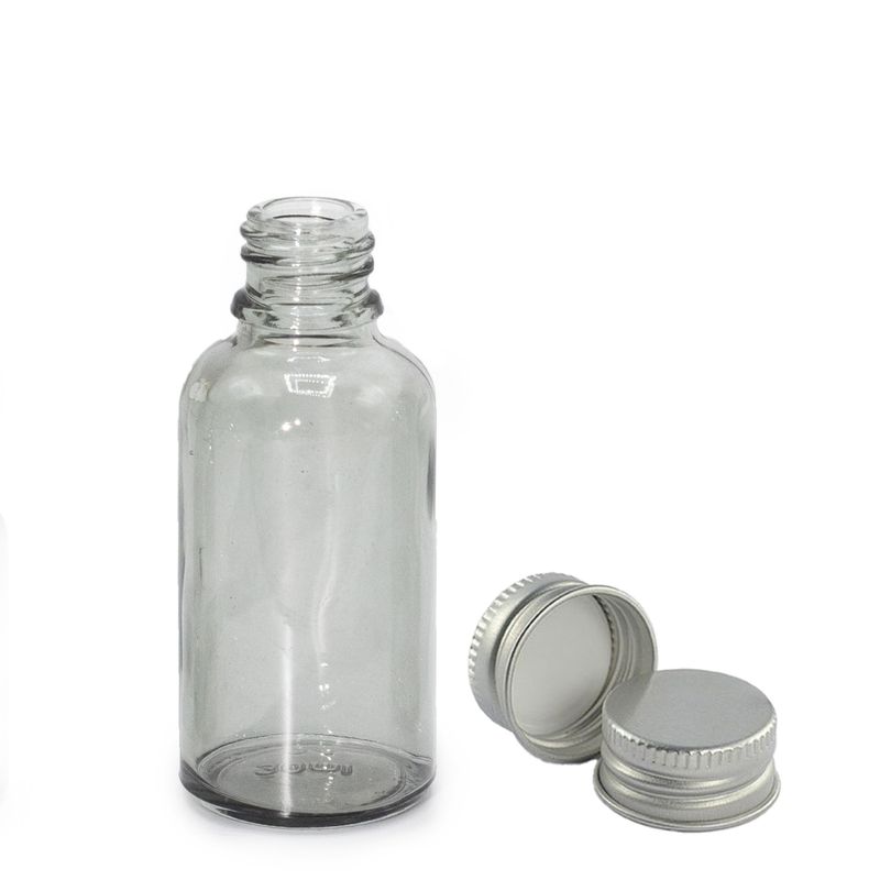 30ml skleněná lahvička kouřově šedé barvy s kapátkem a hliníkovým uzávěrem