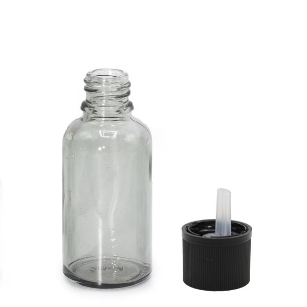 30ml skleněná lahvička s kapátkem, kouřově šedé barvy, se uzávěrem s dětskou ochranou