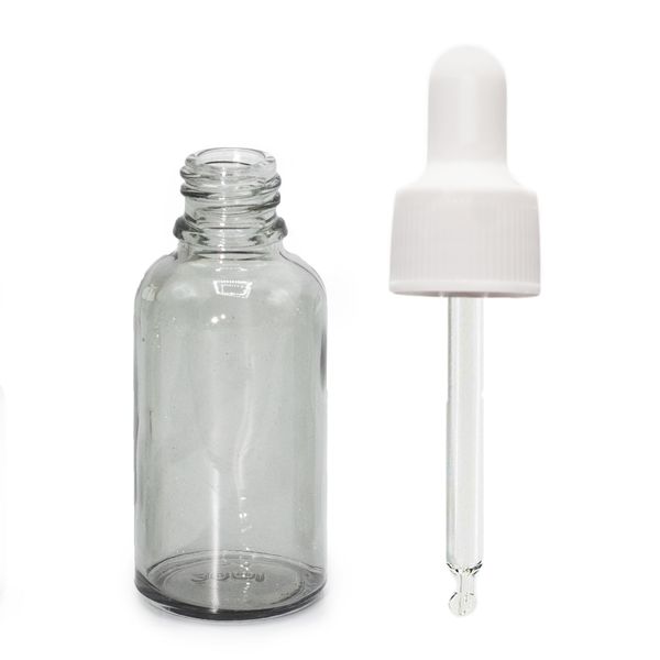 30 ml skleněná lahvička s kapátkem kouřově šedé barvy a bílou pipetou