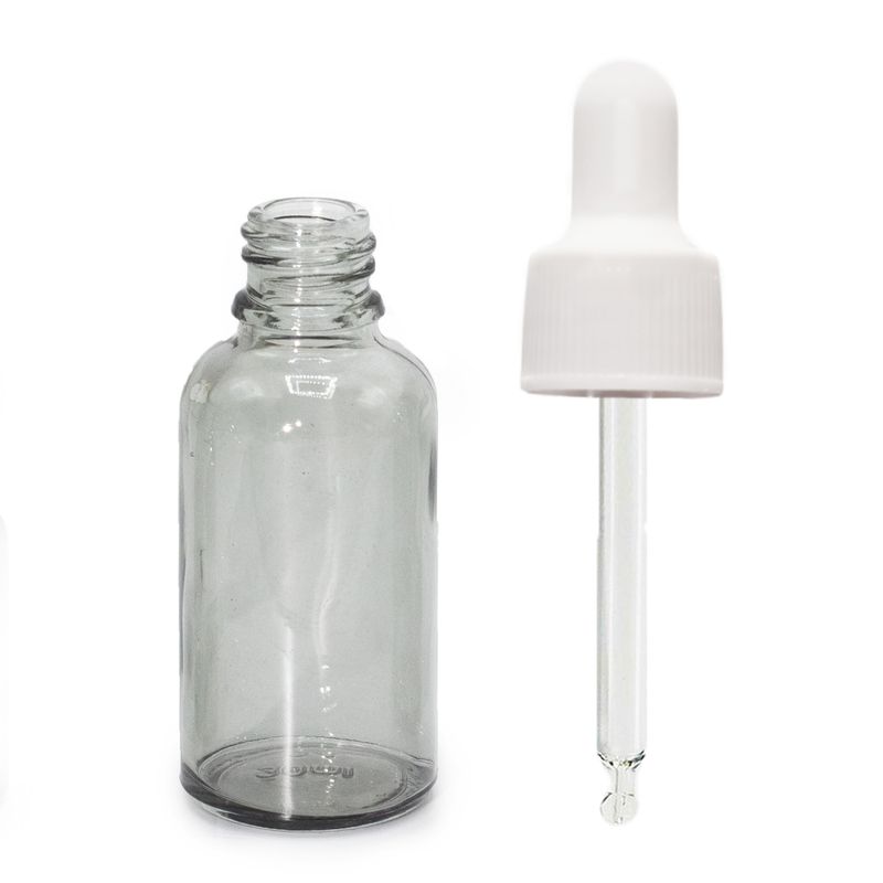 30 ml skleněná lahvička s kapátkem kouřově šedé barvy a bílou pipetou