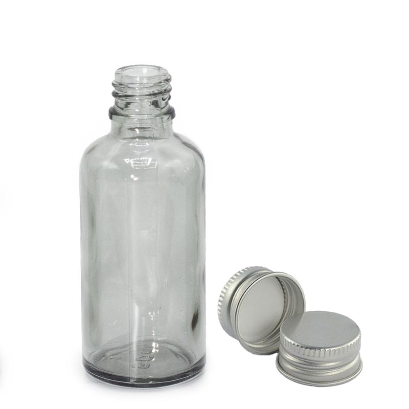 50 ml kouřově šedá skleněná lahvička s kapátkem a hliníkovým víčkem