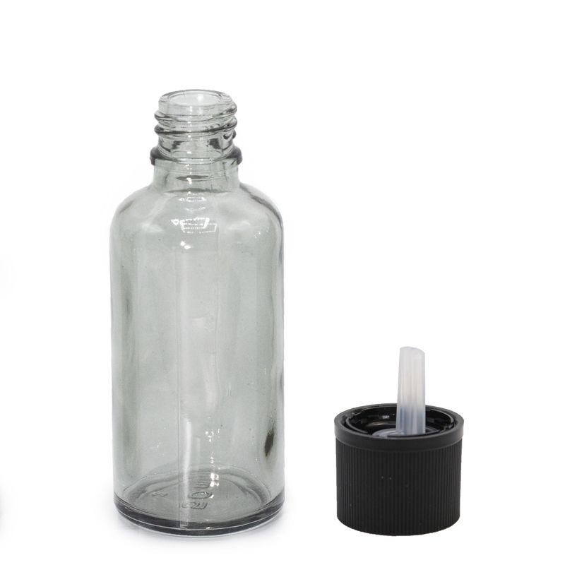 50 ml kouřově šedá skleněná lahvička s kapátkovým uzávěrem odolným proti dětem