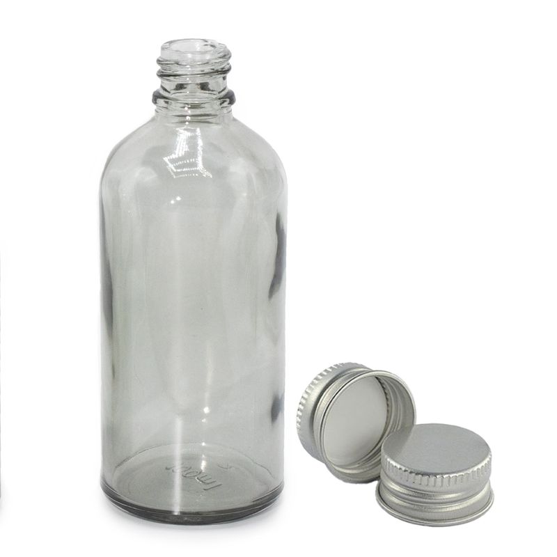 100ml skleněná lahvička s kapátkem kouřově šedé barvy s hliníkovým víčkem