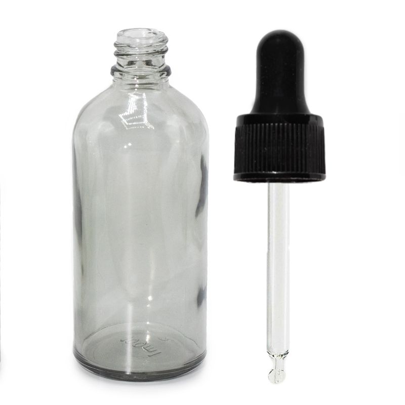 100 ml skleněná lahvička s kapátkem ve kouřově šedé barvě a s černou pipetou