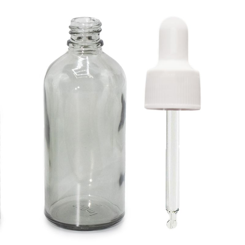 100 ml skleněná lahvička s kapátkem, kouřově šedá, s bílou pipetou