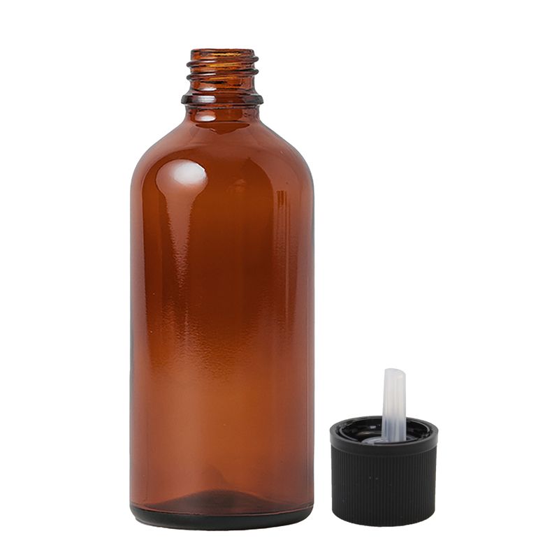 100 ml jantarová skleněná lahvička s kapátkem a uzávěrem s dětskou pojistkou