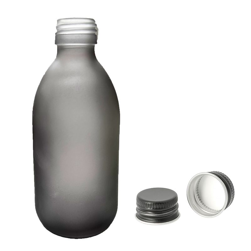 300ml Šedá Skleněná Lékovka s Hliníkovým Černým Uzávěrem