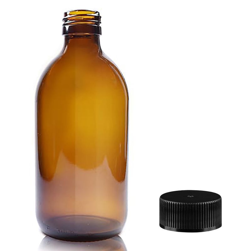 300ml Jantarová Skleněná Lékovka s Černým Plastovým Uzávěrem