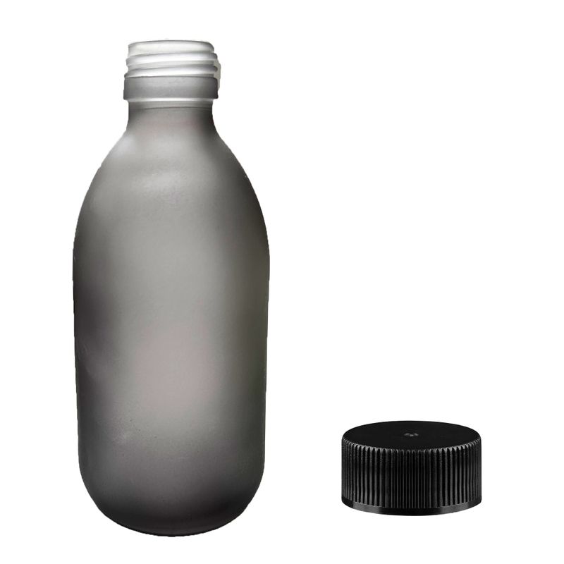 300ml Šedá Skleněná Lékovka s Černým Plastovým Uzávěrem