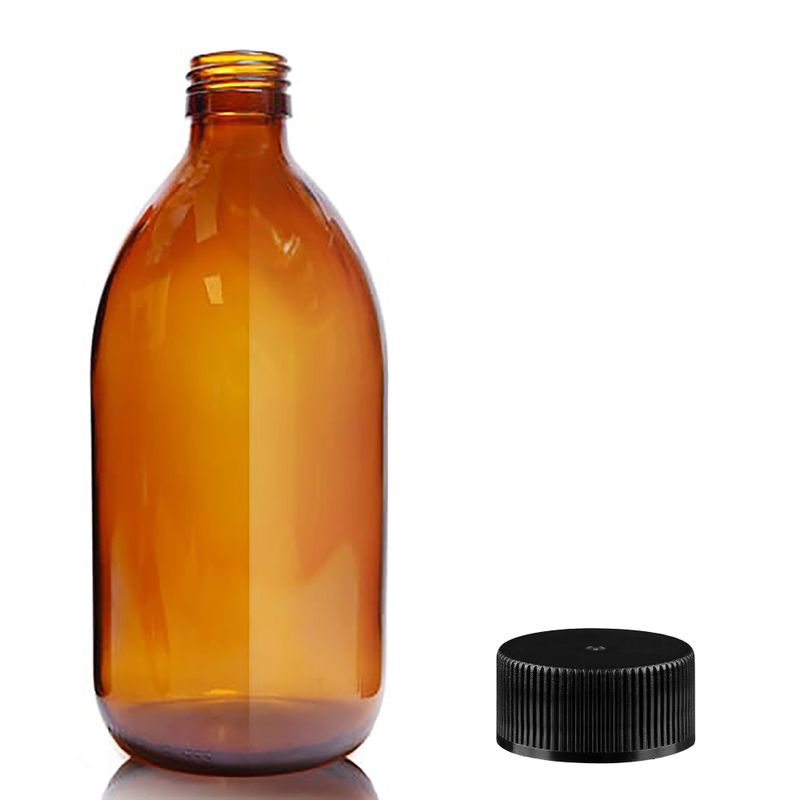 500ml Jantarová Skleněná Lékovka s Černým Plastovým Uzávěrem