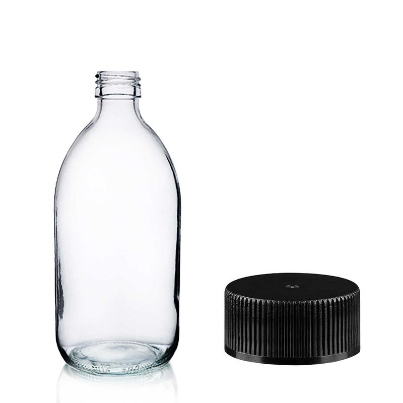 150ml Lékovky z Čirého Skla s Černým Plastovým Uzávěrem