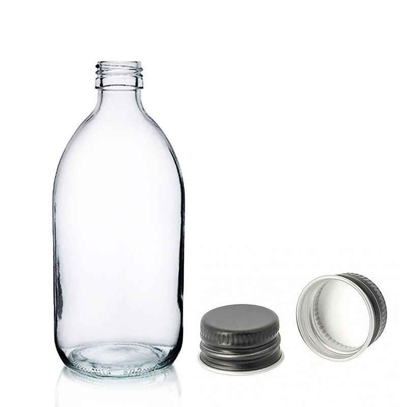 200ml Lékovky z Čirého Skla s Černým Hliníkovým Uzávěrem