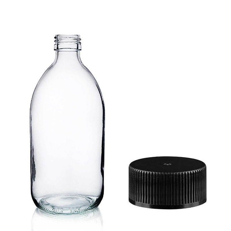 200ml Lékovky z Čirého Skla s Černým Plastovým Uzávěrem