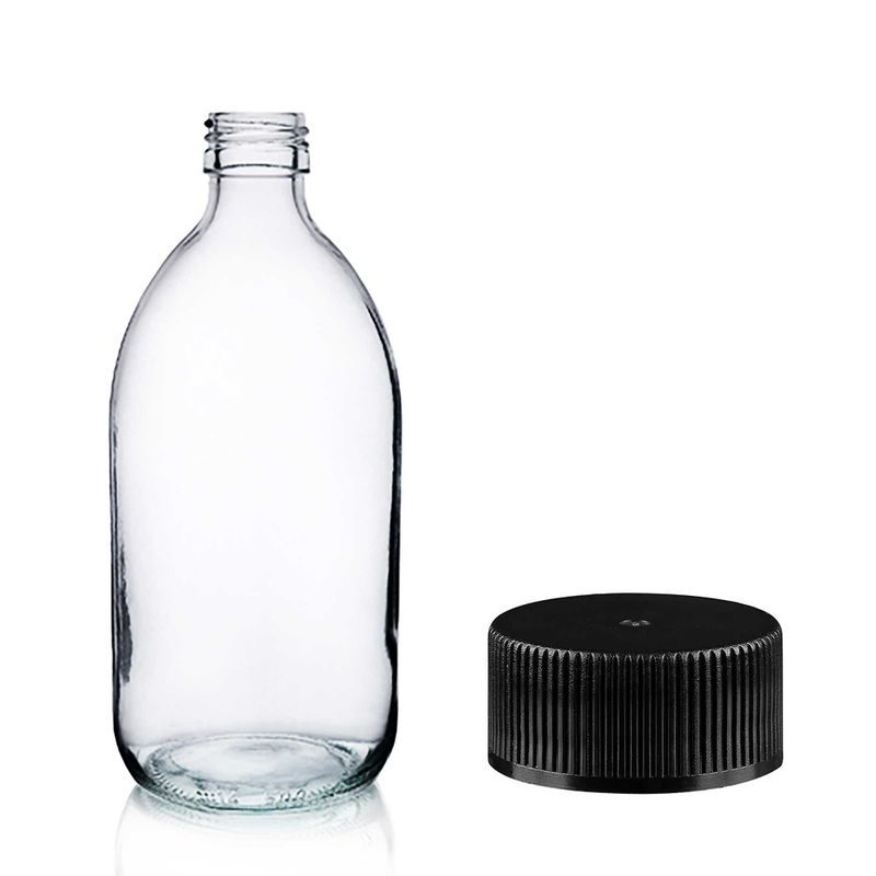 300ml Lékovky z Čirého Skla s Černým Plastovým Uzávěrem