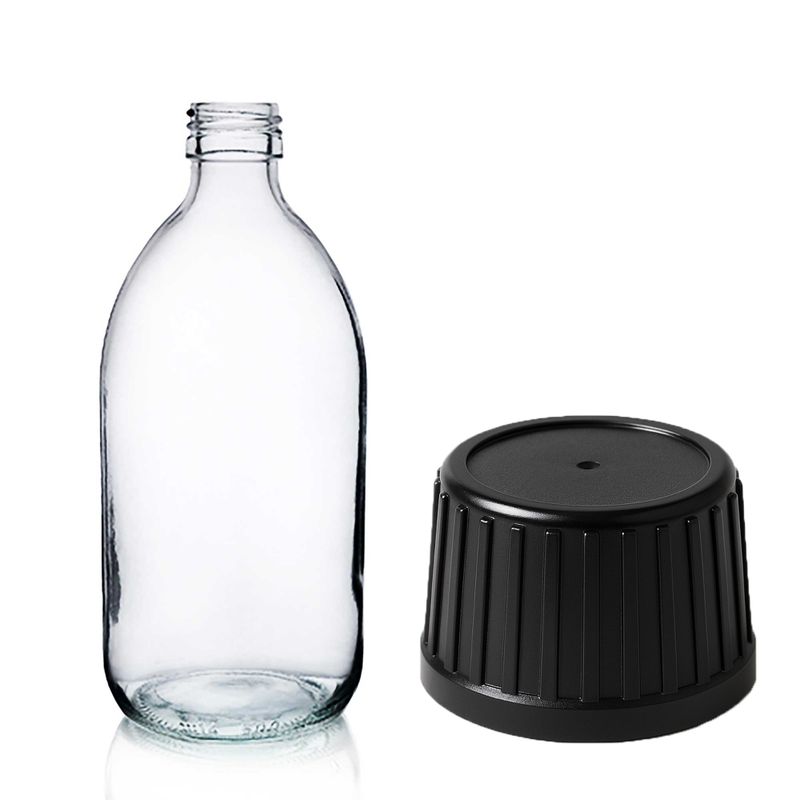 300ml Lékovky z Čirého Skla s Černým TP Uzávěrem