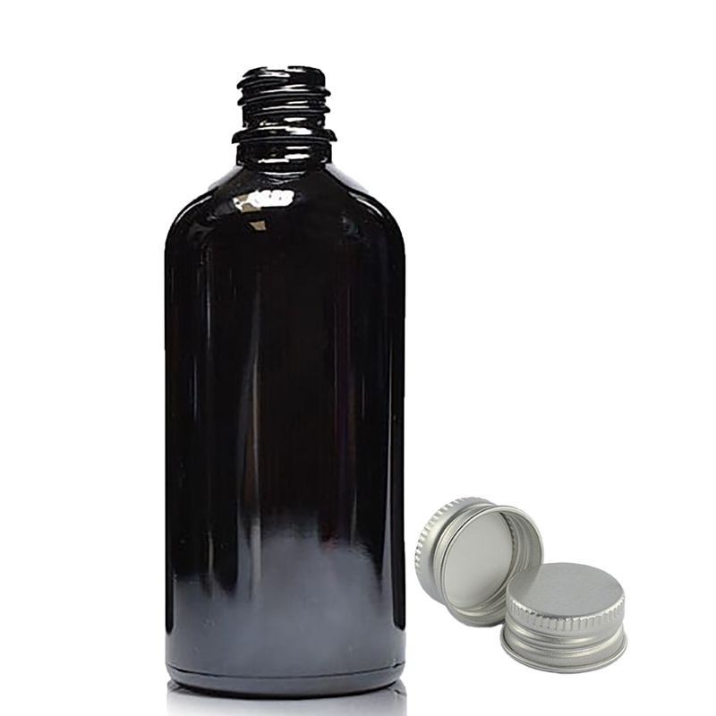 100ml Skleněná Lahvička z Černého Skla s Hliníkovým Uzávěrem