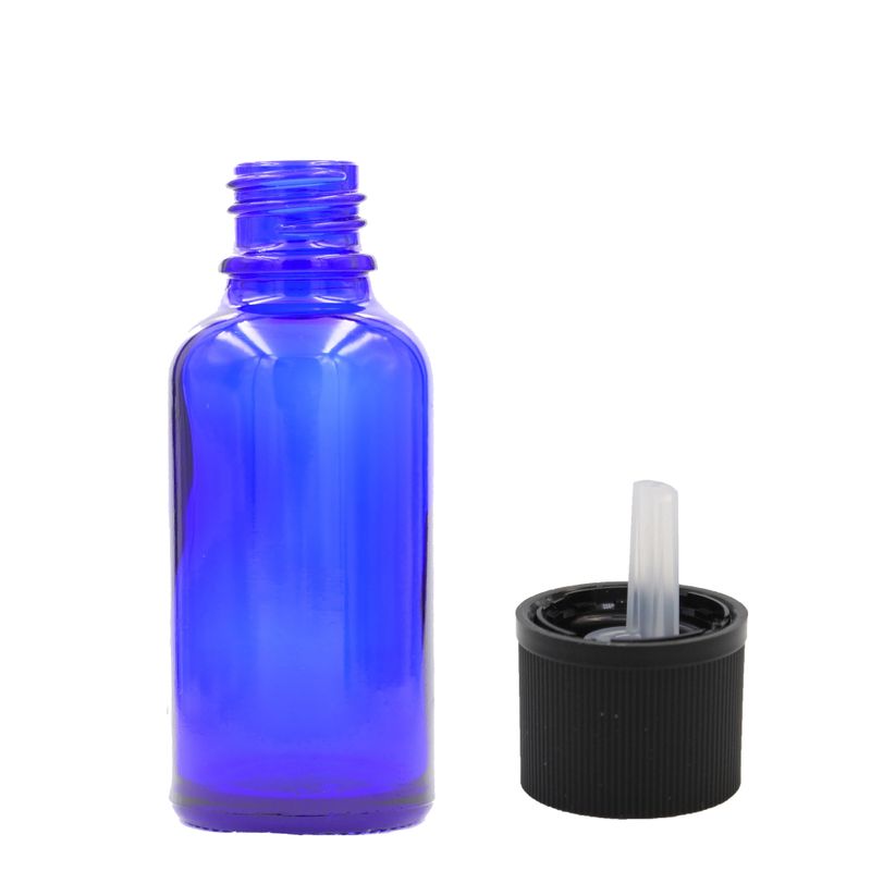 30ml Modrá Skleněná Lahvička S Kapátkovým Uzávěrem s Dětskou Pojistkou