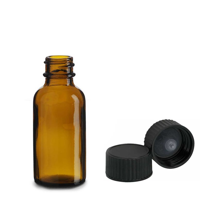 30ml Bostonská Láhev z Jantarového Skla s Černým Plastovým Uzávěrem
