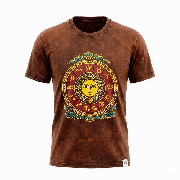 Nomad Sari Stonewash Bavlněné Tričko - Slunce a Zodiak - Hnědá - Malé