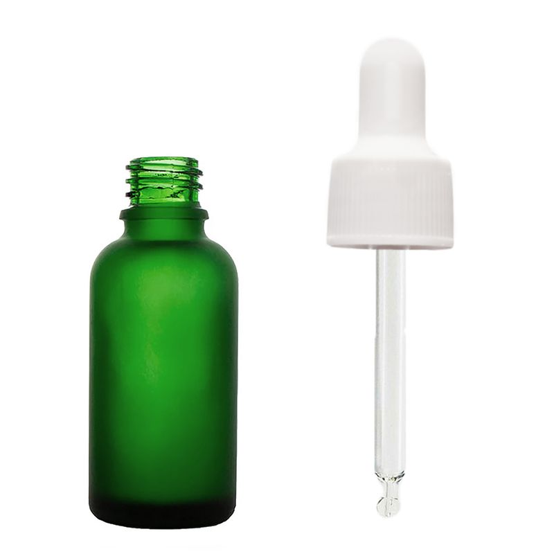 10 ml matně zelená skleněná lahvička s kapátkem a bílou pipetou