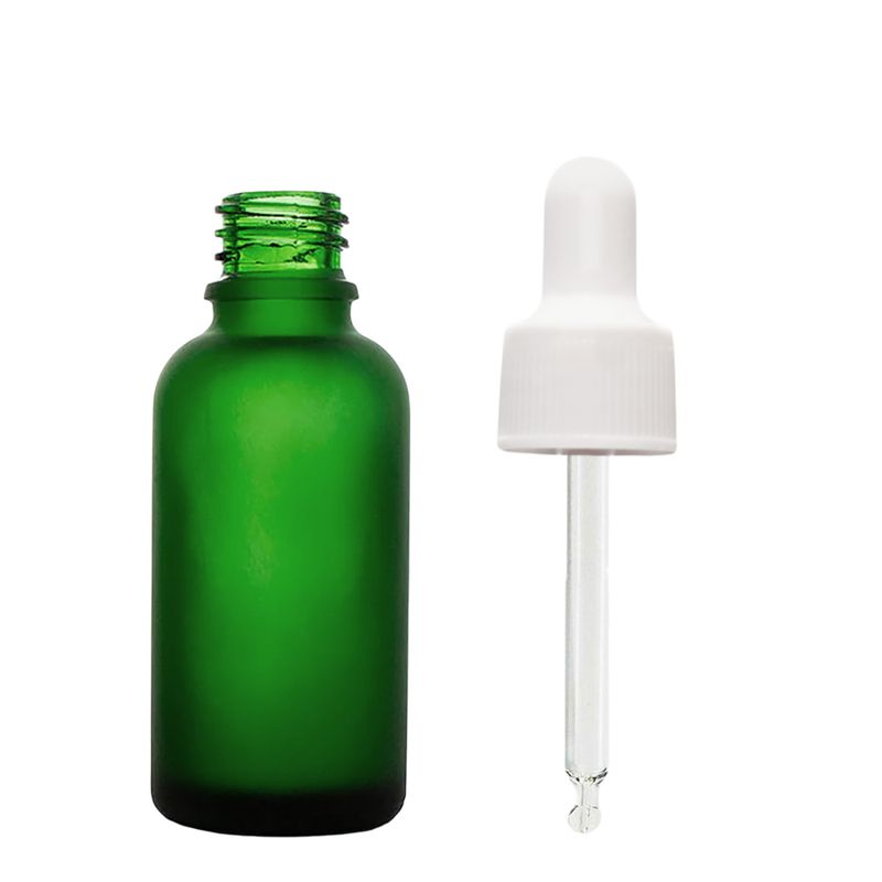 30 ml matně zelená skleněná lahvička s bílou pipetou