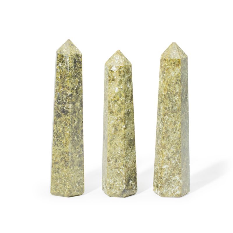 Drahokamové šestistranné obeliskové špičky, přibližně 11 cm – epidot