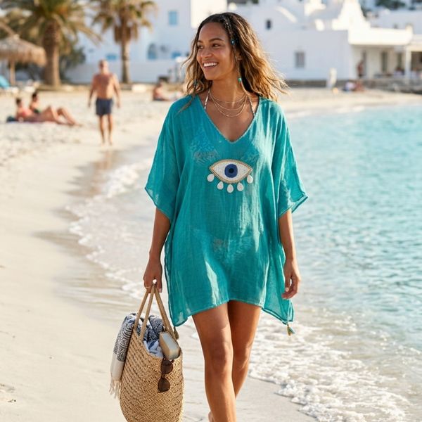 Nomad Sari On the Med Collection - Kaftan - tyrkysový s velkým zlatým a bílým okem