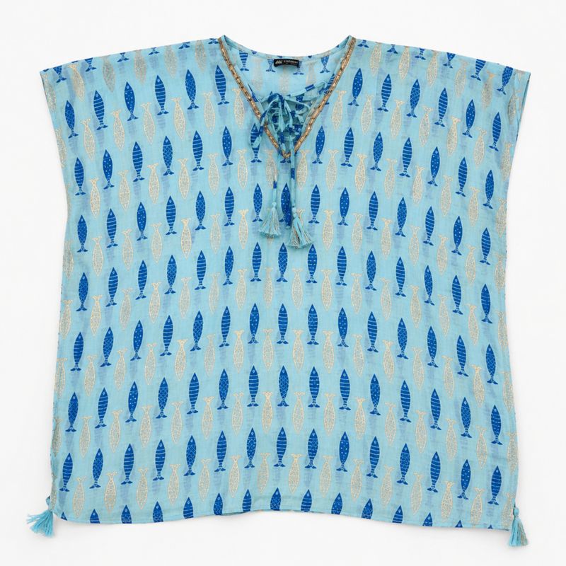 Nomad Sari v Med Collection - Kaftan - Tyrkysová a modrá, výrazný rybí tisk