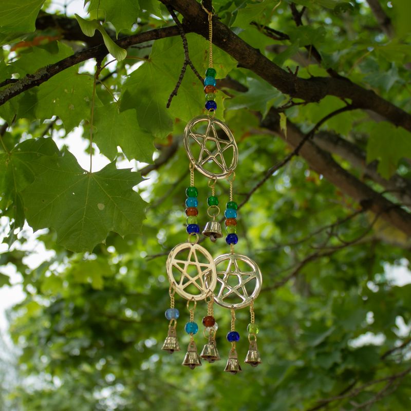 Indické zvonky - mosazný Tri-Pentagram - 7 zvonů - 9,5×32 cm