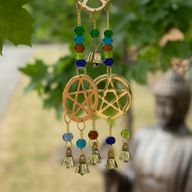 Indické zvonky - mosazný Tri-Pentagram - 7 zvonů - 9,5×32 cm