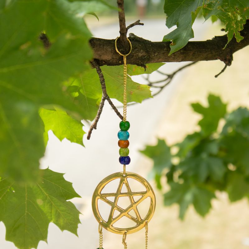 Indické zvonky - mosazný Tri-Pentagram - 7 zvonů - 9,5×32 cm