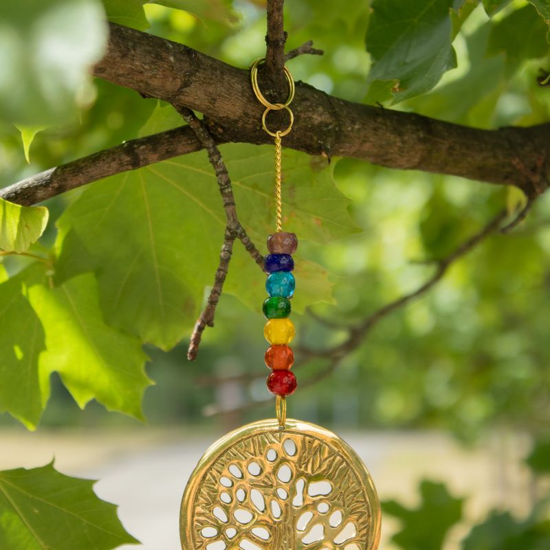 Indické zvonky - mosazný strom života s korálkami čakry - 3 zvony - 6,5×31 cm