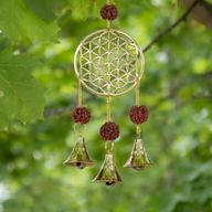 Indické zvonky - mosazný Květ života s korálkami Rudraksha - 3 zvonky - 6 × 27 cm