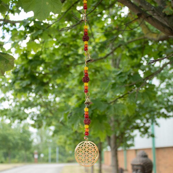 Indické Zvonkohry - Mosazní Květ Života s Rudraksha Korálky a Zvonky - 6x63cm