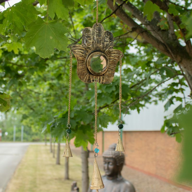 Indické zvonky - Hamsa malé zrcadlo, 3 zvony - 14x55 cm