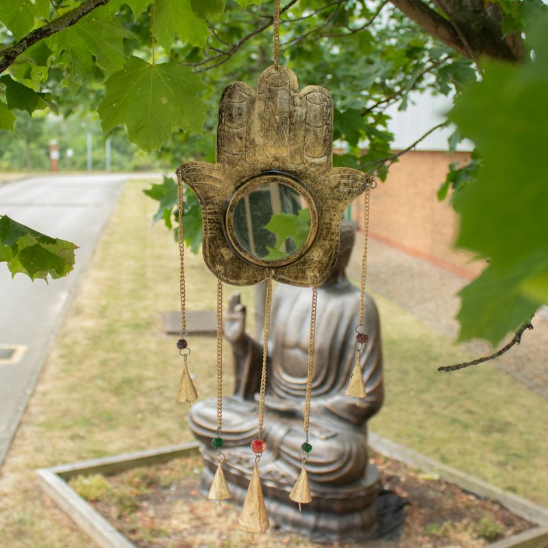 Indické zvonky - Hamsa, velké zrcadlo, 5 zvonů - 19x65 cm