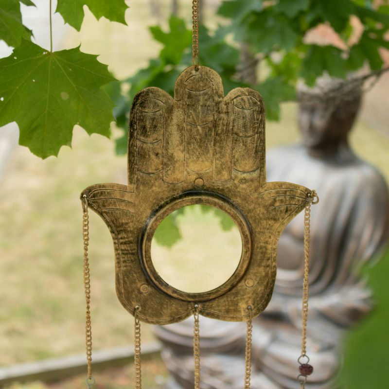 Indické zvonky - Hamsa, velké zrcadlo, 5 zvonů - 19x65 cm