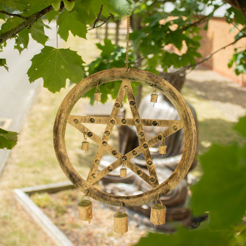 Indické zvonky - železný pentagram se kravskými zvony - 25x49 cm