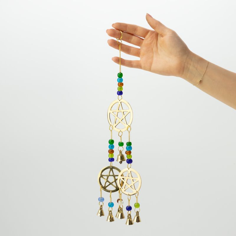 Indické zvonky - mosazný Tri-Pentagram - 7 zvonů - 9,5×32 cm