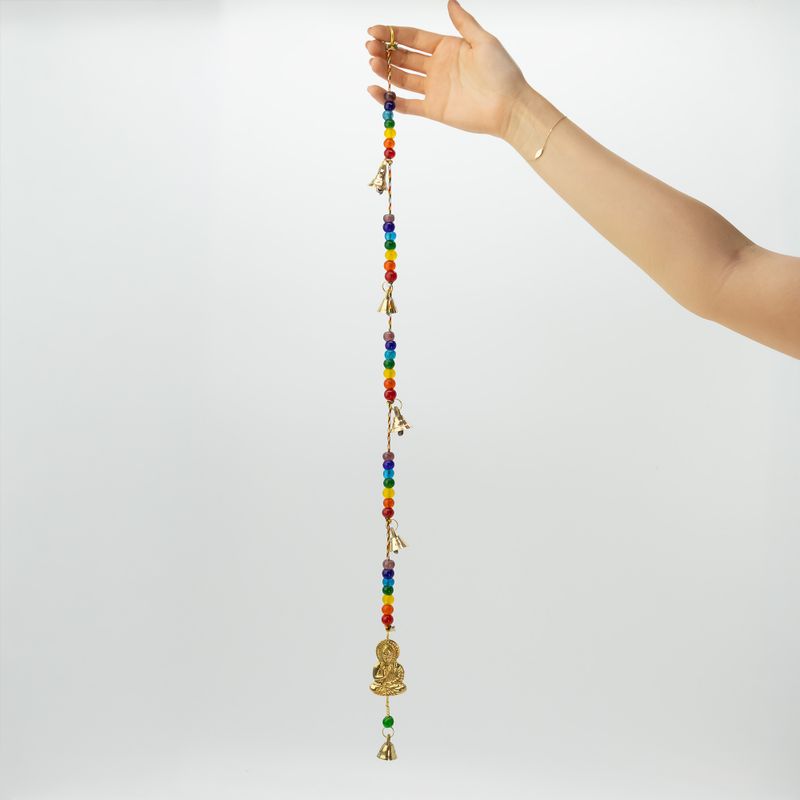 Indické zvonky - mosazný Buddha se šňůrkou korálků čakry - 53 cm