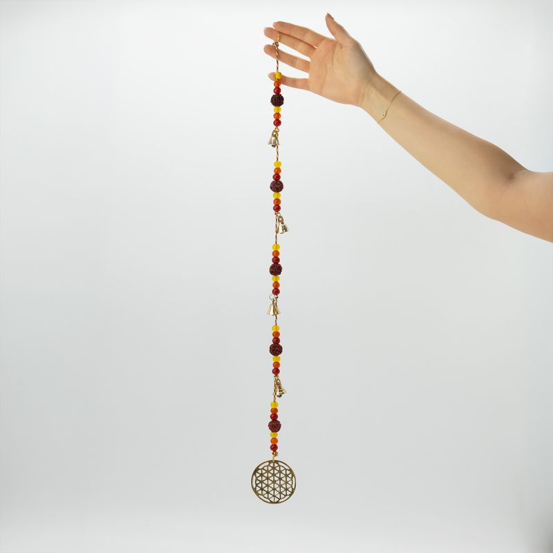 Indické zvonky - mosazný Květ života se rudrakšovými korálkami na šňůře - 6x63 cm