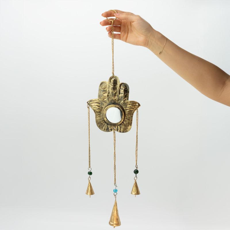 Indické zvonky - Hamsa malé zrcadlo, 3 zvony - 14x55 cm
