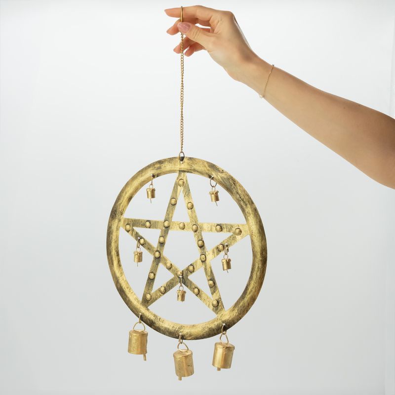 Indické zvonky - železný pentagram se kravskými zvony - 25x49 cm