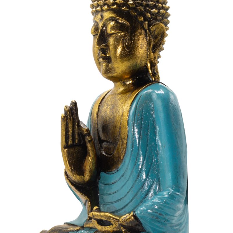 Buddha v tyrkysově modré a zlaté barvě - Extra velký 40 cm - vitarka mudra (Moudrost)