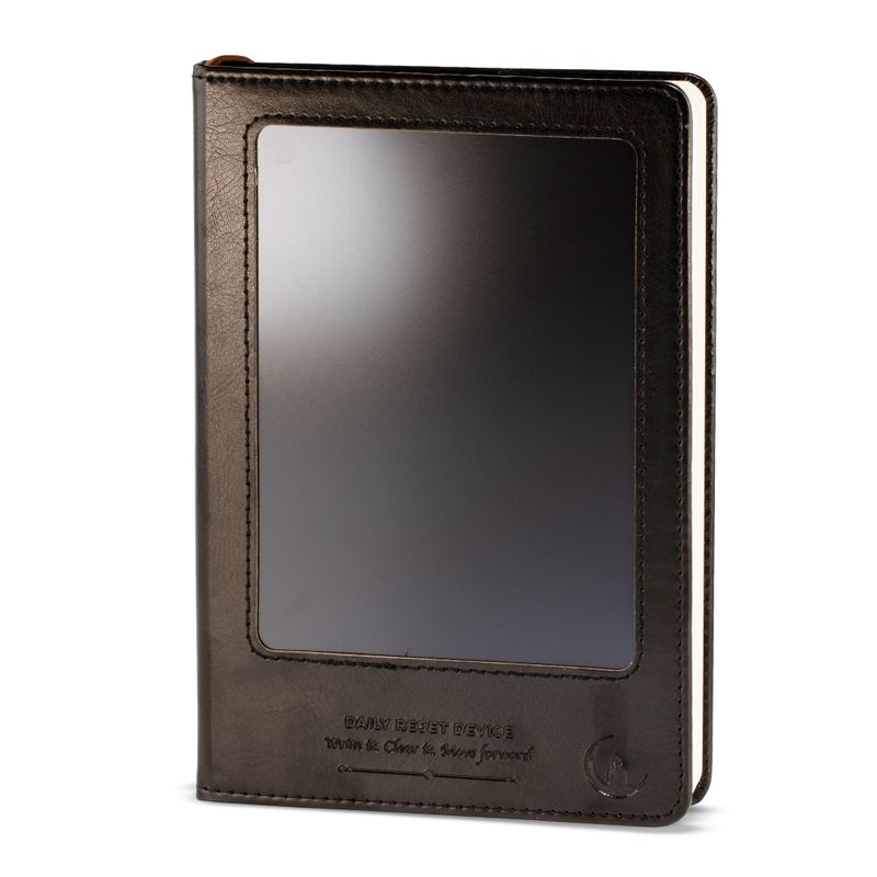 Sešit záměrů - LCD otírací obrazovka - černý kožený efekt - mosazný list - 80 stran