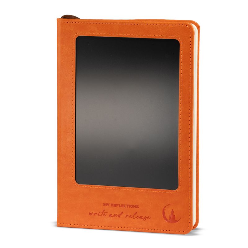 Poznámkový blok záměrů - LCD čisticí obrazovka - oranžový kožený vzhled - mosazný list - 80 listů
