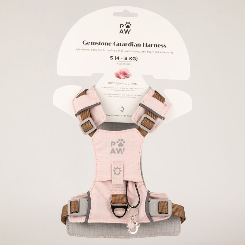 PAW - S (4-8Kg) Psí postroj typu step-in Guardian se reflexní síťovinou - světle růžová - přívěšek z růžového křemene