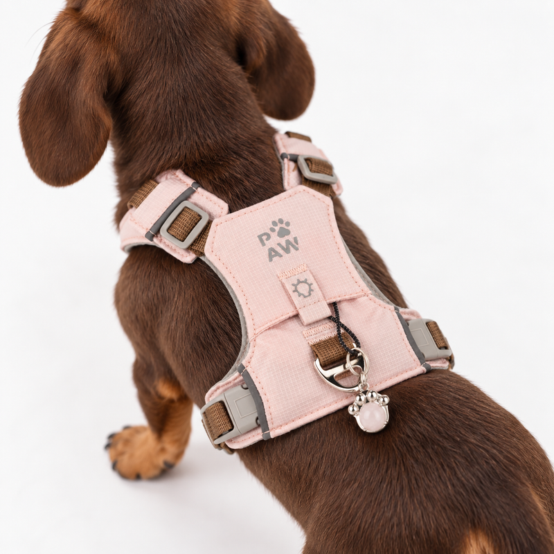 PAW - XS (2–4 kg) Psí postroj Guardian pro snadné nasazení s reflexní síťovinou - jemná růžová - přívěšek z růžového křemene